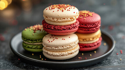 Fototapeta premium Festive colorful macarons with sprinkles resting on a black plate, creating a tempting holiday treat