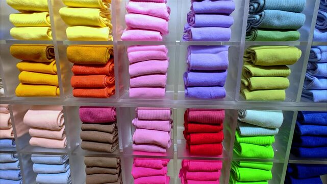 Close-up lots of new socks on the shelf in a clothing store. A row of multi-colored stacks in the store. Shopping. 