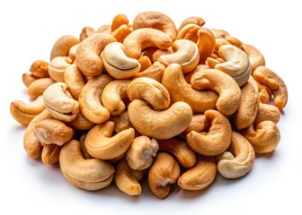Fototapeta premium Exquisite cashew nuts gleam against a pure white backdrop; a gourmet still life.