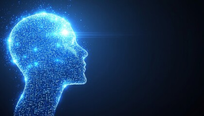 Obraz premium Digital Mind Profile of a Head with Futuristic Blue Circuitry and Binary Code on a Dark Background.