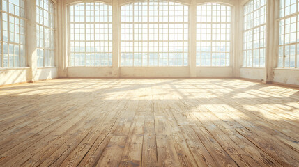 Sunlit Loft Interior, Wooden Floor, Large Windows, City View, Design Background