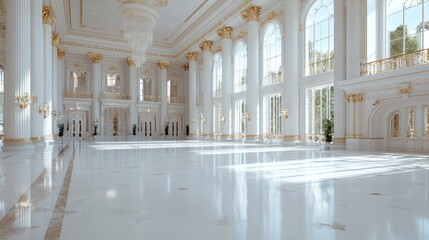 Fototapeta premium Grand palace ballroom, sunlight, marble floor, event