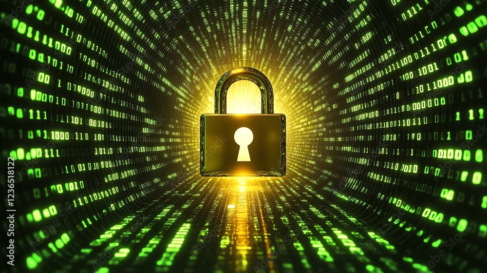 Poster A digital padlock floating above a matrix of encrypted data