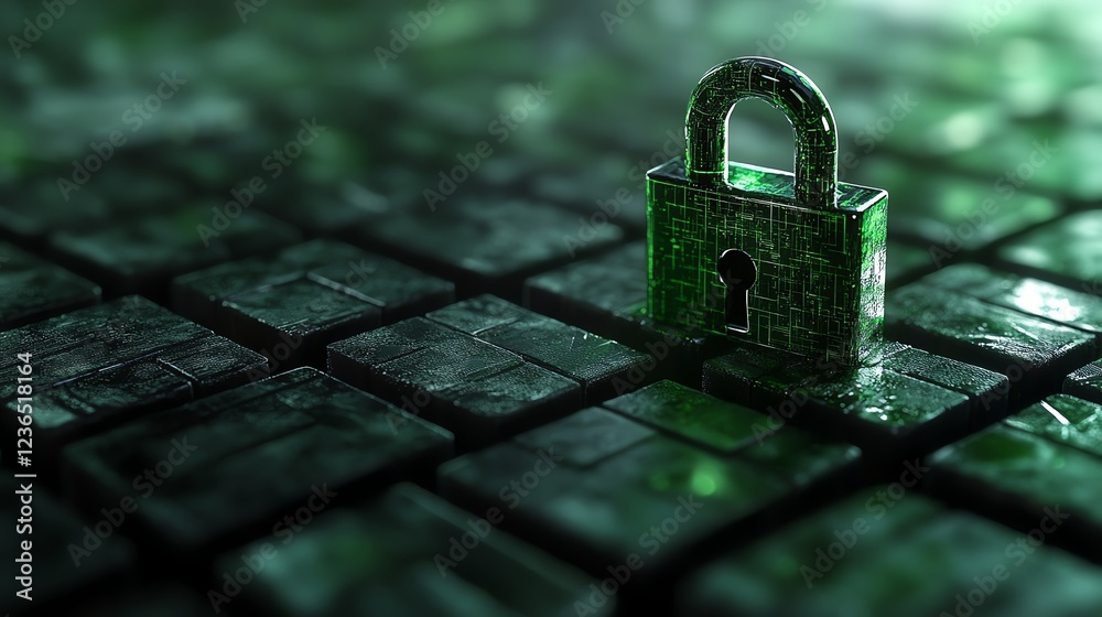 Poster A digital padlock floating above a matrix of encrypted data