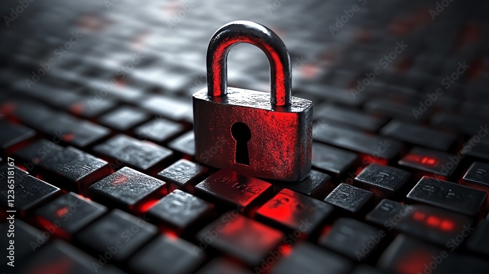 Poster A digital padlock floating above a matrix of encrypted data