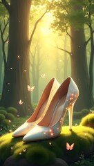 Futuristic glowing shoes with floral engravings rest on moss, bathed in golden light, blending nature & tech.