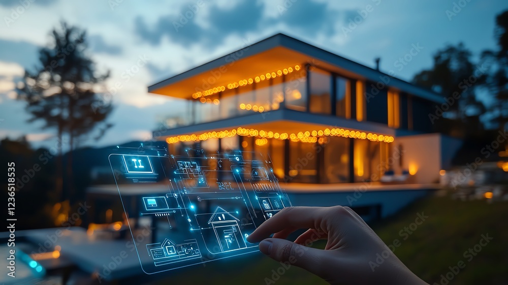 Aufkleber a persons hand using a digital interface in front of a modern architectural house