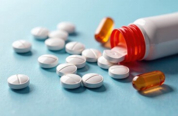 White tablets and capsules spilling from a prescription bottle onto a blue background, representing medicine, healthcare, and pharmaceutical treatment