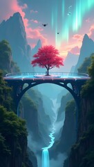 A glowing glass bridge spans a lush valley, centered by a red tree, blending tech and nature in harmony.