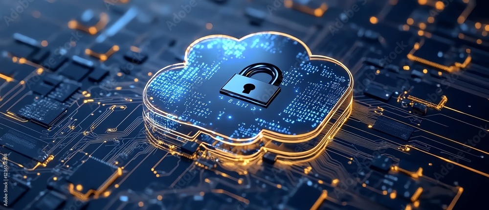 Poster A futuristic cloud storage concept with a metallic microchip and a padlock symbol