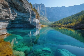 Exploring the serene turquoise waters of a mountain river surrounded by cliffs and forest