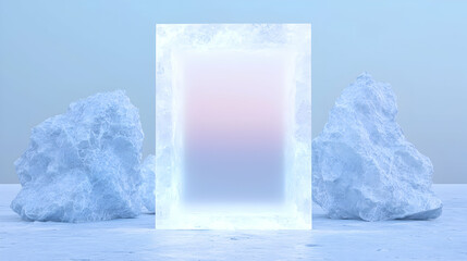 Glowing frame between ice rocks, pastel sky; product display