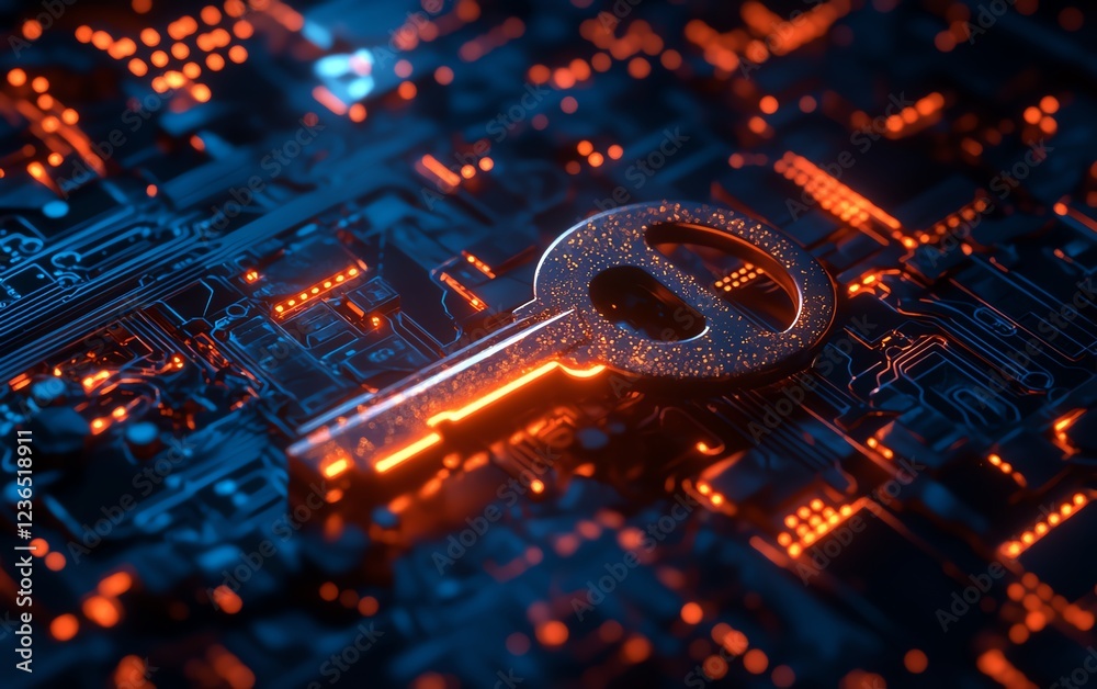 Fototapete a futuristic metallic key glowing amidst a network of digital circuits and encryption symbols