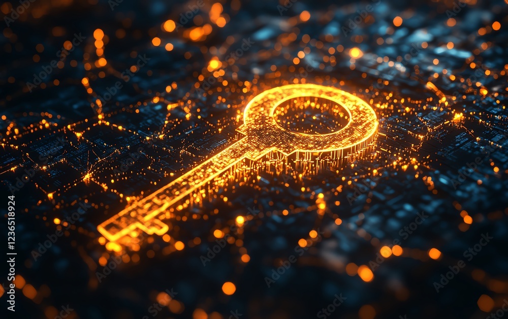 Poster a glowing metallic key surrounded by a swirling digital network