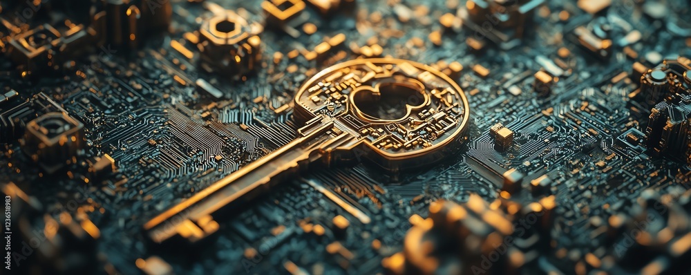 Fototapete a closeup of a metallic key surrounded by digital locks and encrypted code