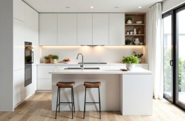 Bright modern kitchen with white minimalist cabinets, wooden accents, and natural light
