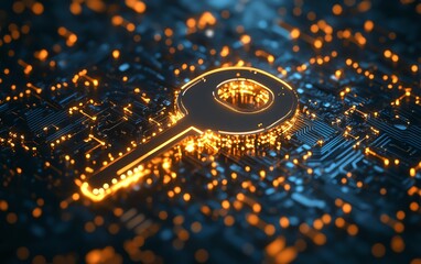 A futuristic metallic key glowing amidst a network of digital circuits and encryption symbols