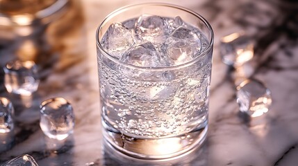 Clear water with ice cubes in a glass, placed on a marble surface, ample space for messaging.