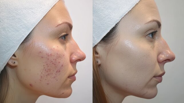 Picture of before and after treatment in beauty clinic of Womans problematic skin  acne scars oily skin and pore dark spots and blackhead and whitehead on the face