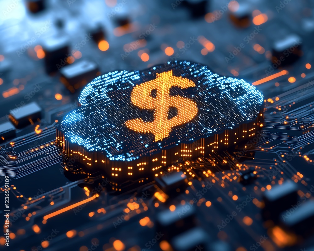 Poster cloud computing costs concept with a dollar sign in a cloud over a digital circuit board, glowing co