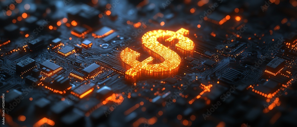 Poster cloud computing costs concept, dollar sign in a cloud over a glowing digital circuit board, data con