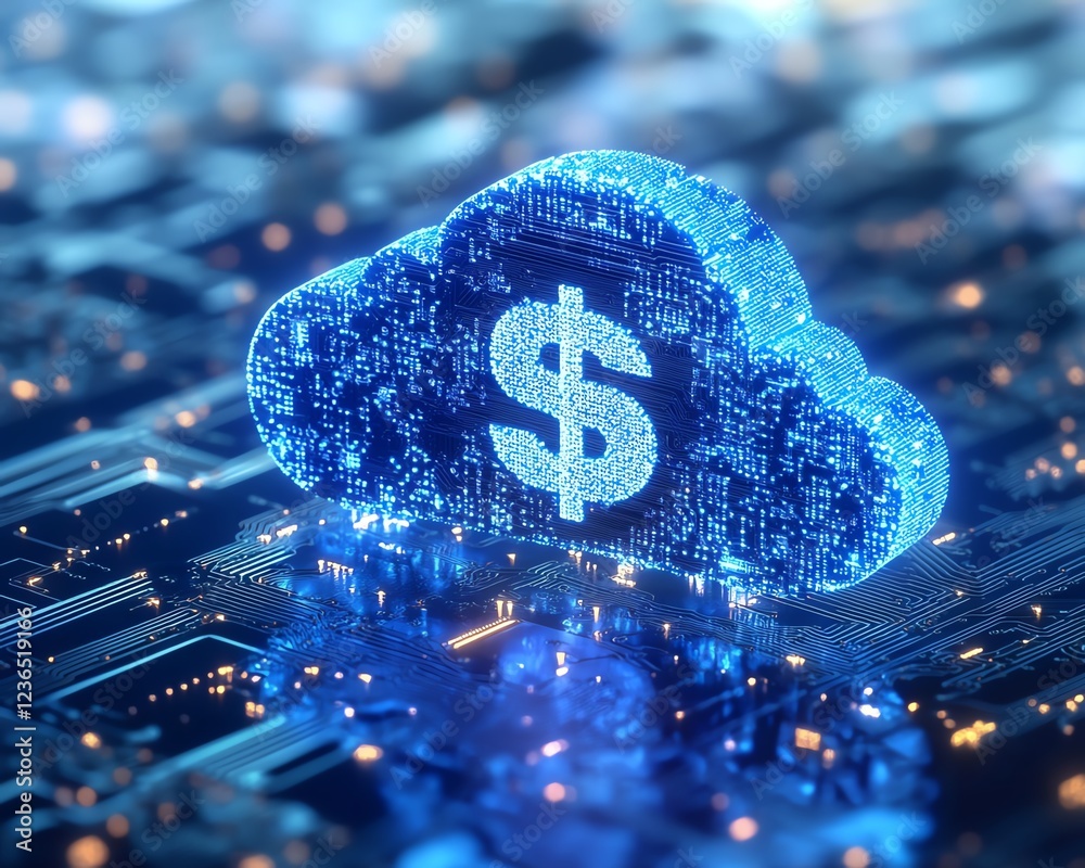 Poster cloud computing costs concept with a dollar sign in a cloud over a digital circuit board, glowing co