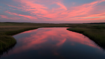 Pink sunset over calm marsh reflection; nature scene