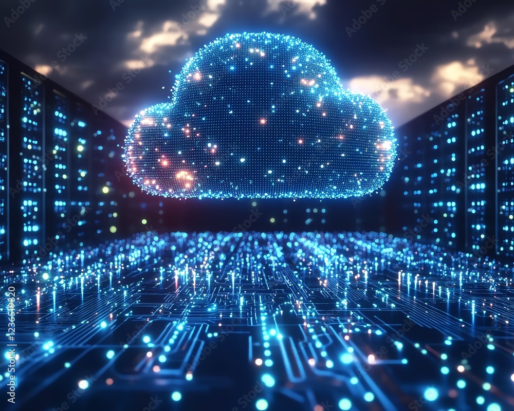Aufkleber Cloud computing concept, digital cloud hovering over a circuit board, symbolizing secure data storage, glowing data connections, futuristic design, ultradetailed, 8K, Midjourney v5