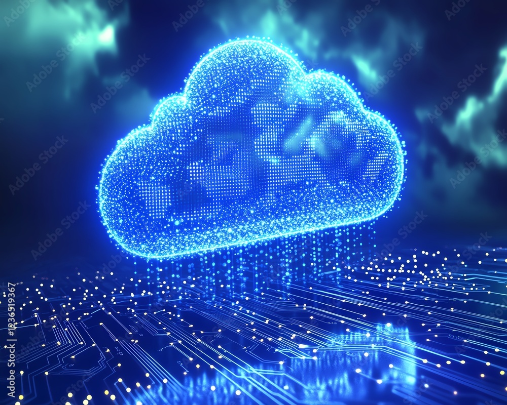 Fototapete Cloud computing concept, digital cloud hovering over a circuit board, symbolizing secure data storage, glowing data connections, futuristic design, ultradetailed, 8K, Midjourney v5
