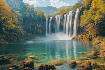 Majestic waterfall cascades into tranquil lake surrounded by autumn foliage in a serene landscape setting