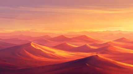 Naklejka premium Golden Sandscapes: A Breathtaking Sunset over Rolling Desert Dunes, Painted in Warm Hues, Evoking Serenity and Wonder. Vast Expanse of Desert Landscape at Dusk.