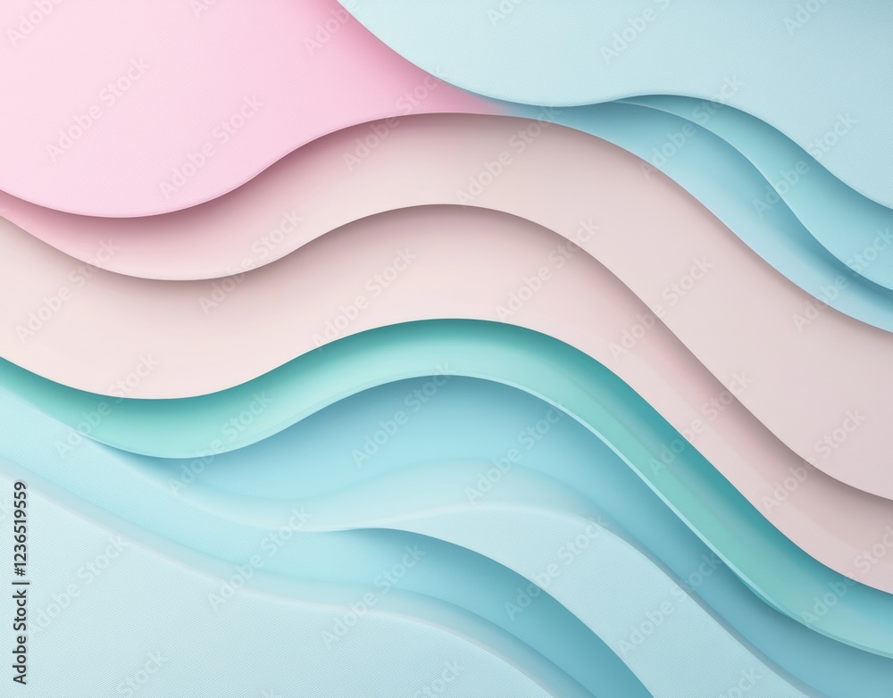 Wall mural A pastel-colored image featuring a wave pattern in shades of green, pink, blue, and white