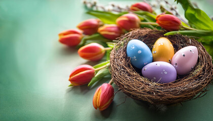 Obraz premium easter eggs within the nest spring flora tulips