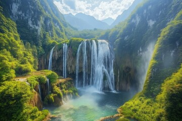 Naklejka premium Majestic waterfall cascading through lush green mountains in daylight