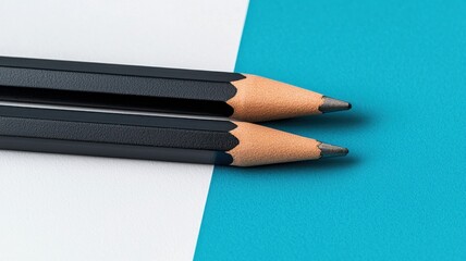 Two black pencils placed side by side on a blue and white background, showcasing a minimalist design.