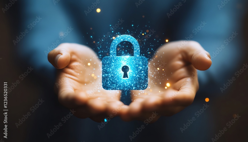 Aufkleber Data protection and cybersecurity, businessman hand on virtual screen showing personal data security, lock icon, internet network security, privacy, cyber crime, 8K, Midjourney v5
