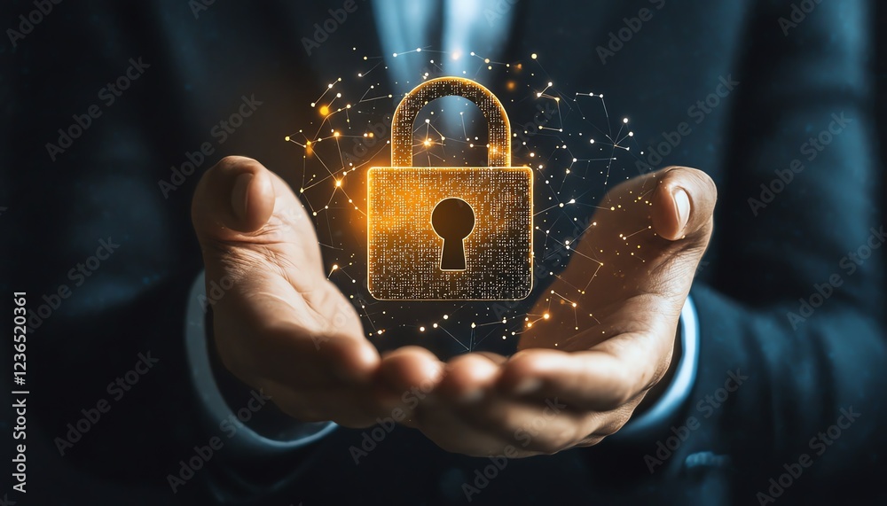 Poster Data protection and cybersecurity, businessman hand on virtual screen showing personal data security, lock icon, internet network security, privacy, cyber crime, 8K, Midjourney v5