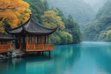 Obraz premium Traditional pavilion near tranquil blue lake surrounded by autumn trees at misty morning