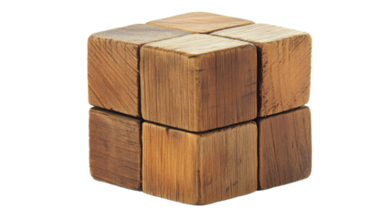 Wooden cube formed by assembling smaller blocks on transparent background