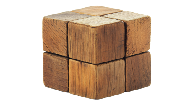 Wooden cube formed by assembling smaller blocks on transparent background