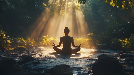 Obraz premium High-quality shot of a person meditating in a lush green forest, morning light filtering through trees, space for copy