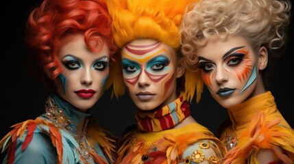 Obraz premium Vibrant Carnivalesque Makeup: Three Models with Artistic Face Paint