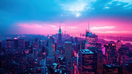 Obraz premium Vibrant Cityscape at Dusk with Colorful Skyline and Clouds