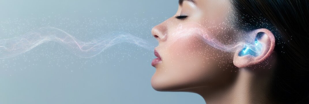 Soundwave visually represented as particles and energy entering woman's ear, symbolizing hearing, auditory perception, and the sense of sound
