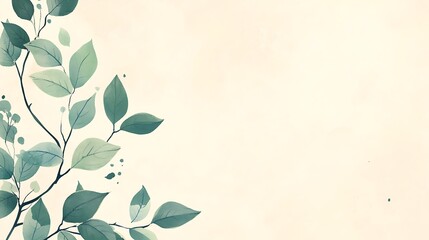 Watercolor Painting of Green Leaves on Branch