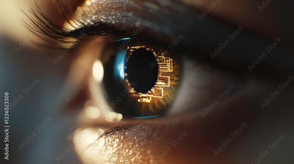 Poster close-up of a human eye with a digital circuit reflection in the iris.