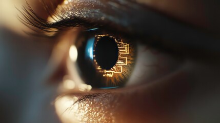 Close-up of a human eye with a digital circuit reflection in the iris.