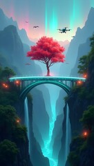 A glowing glass bridge spans a lush valley, centered by a red tree, blending tech and nature in harmony.