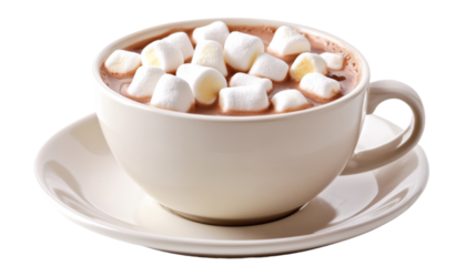 Hot chocolate with marshmallows in white cup and saucer on transparent background