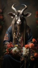 Obraz premium Goat-headed person, flowers, dark background, artistic portrait, fantasy illustration.